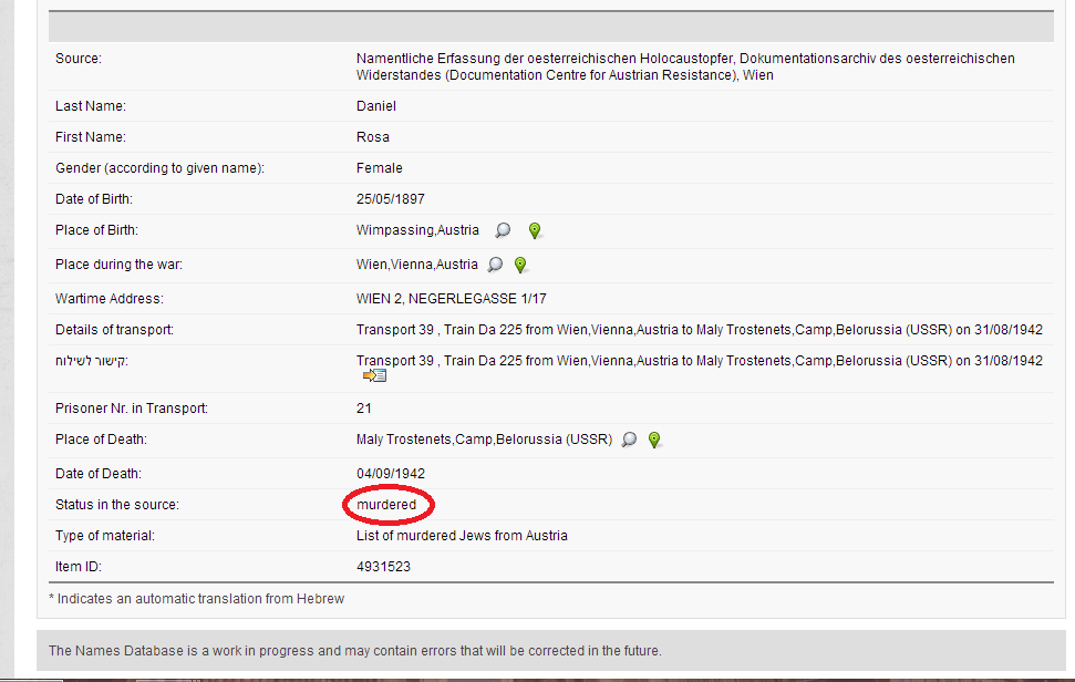 Rosa Daniel Death record