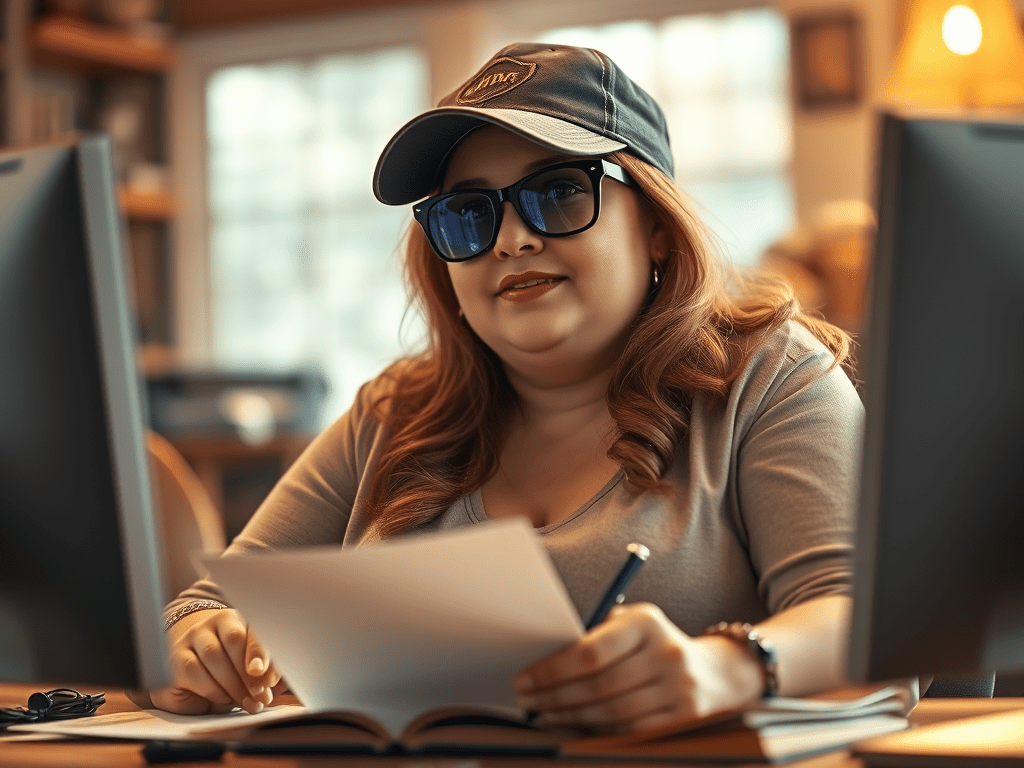 The current image has no alternative text. The file name is: a-plump-female-writer-wearing-sunglasses-and-a-baseball-cap-1.png